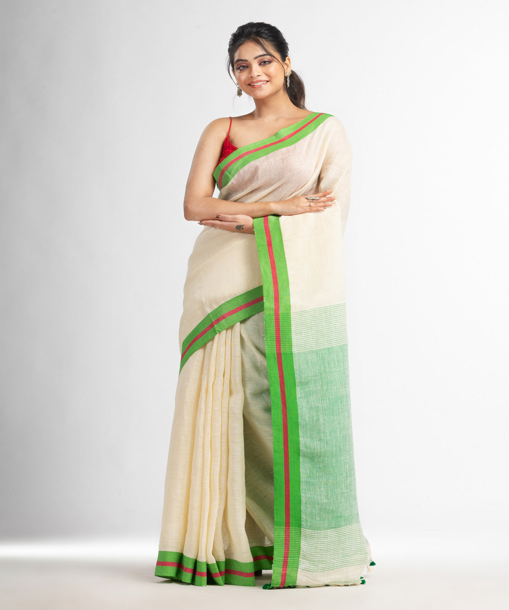 Beige green handloom bengal linen saree