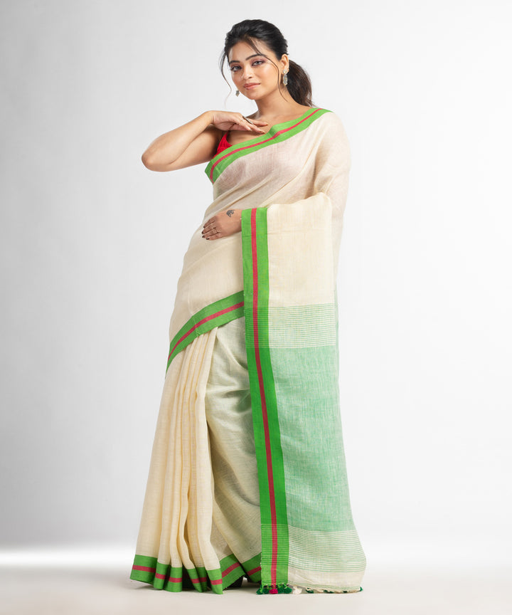Beige green handloom bengal linen saree