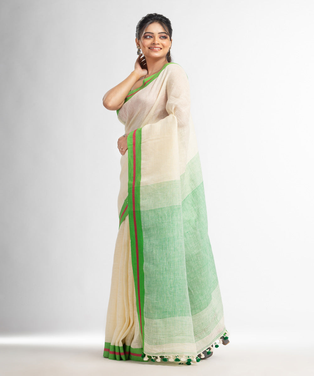 Beige green handloom bengal linen saree