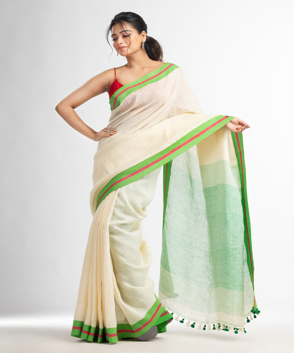 Beige green handloom bengal linen saree