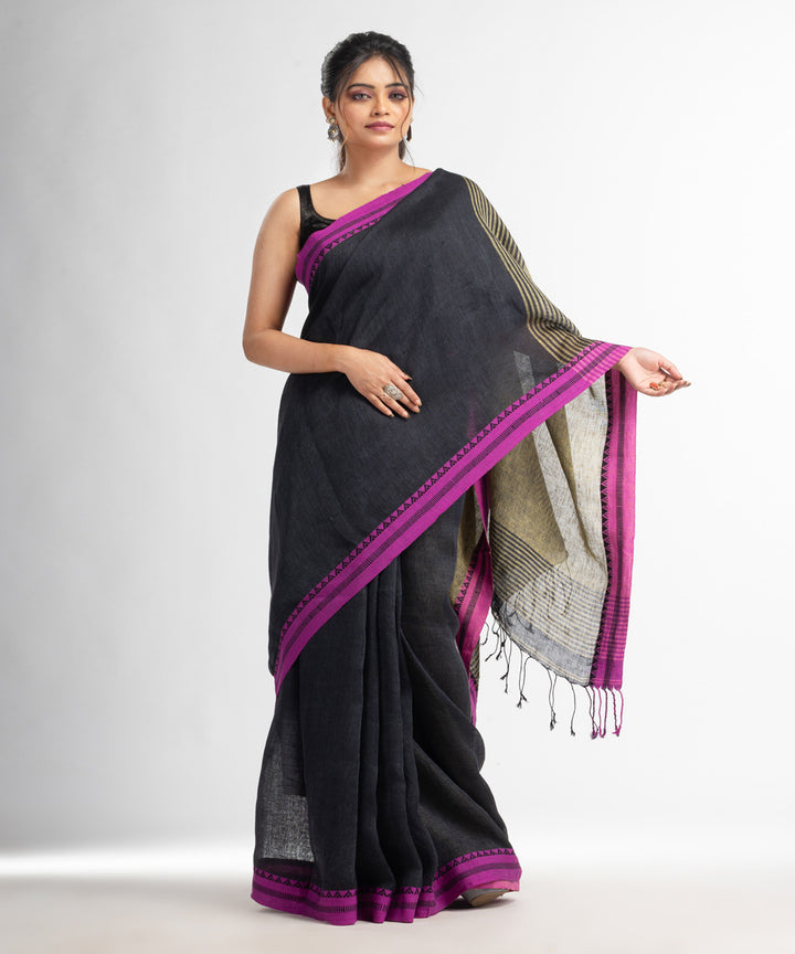 Black yellow handloom bengal linen saree