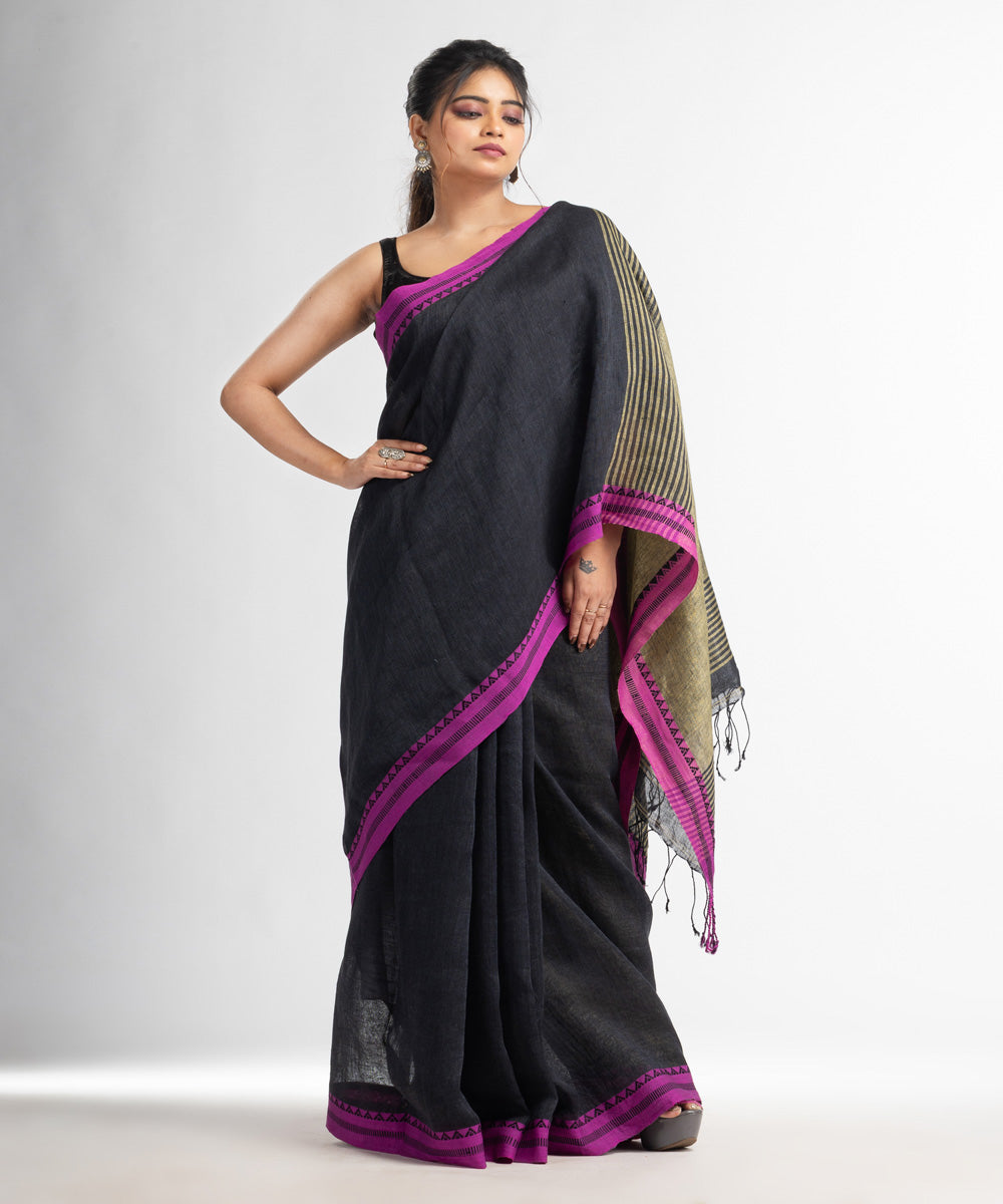 Black yellow handloom bengal linen saree