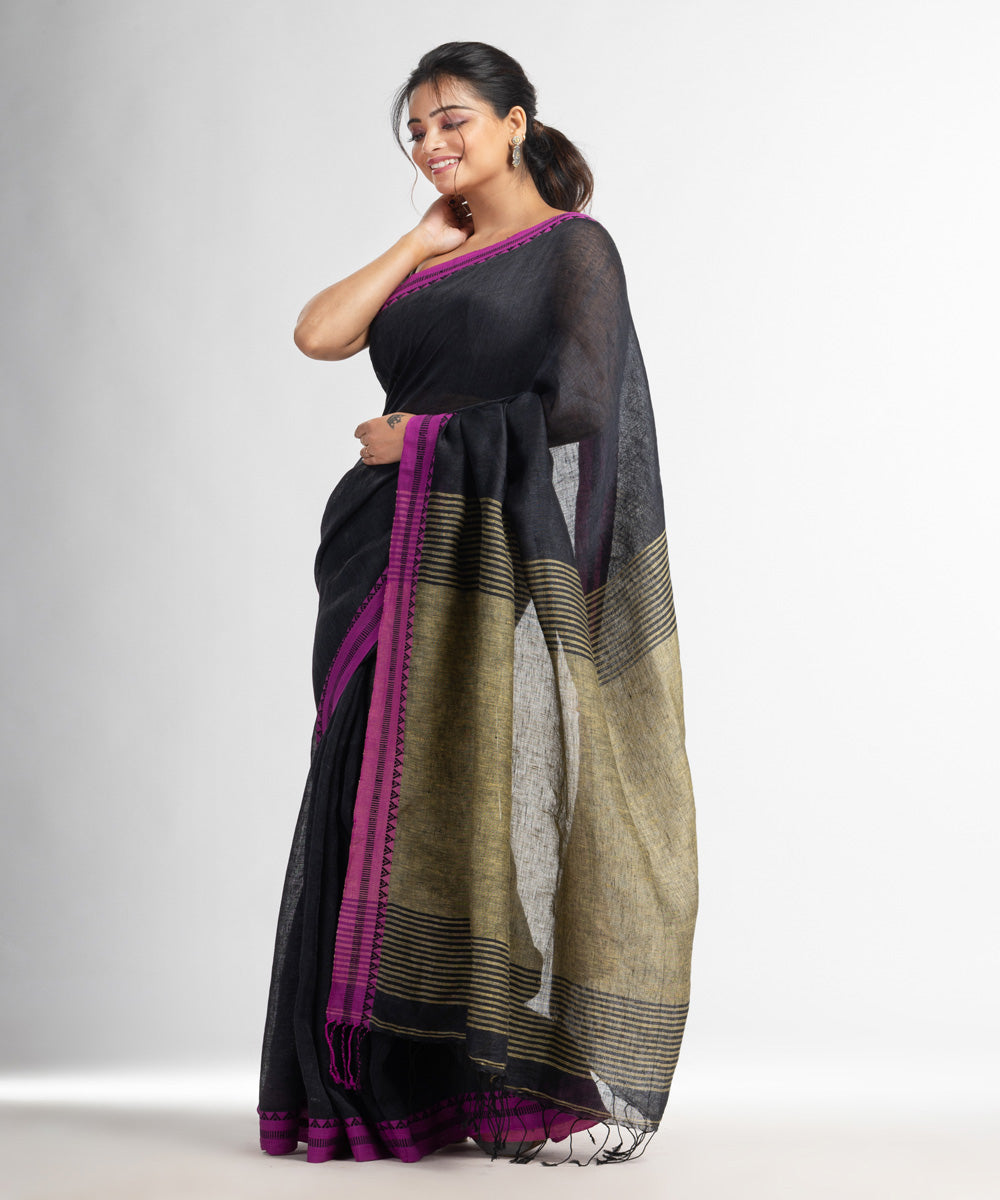 Black yellow handloom bengal linen saree