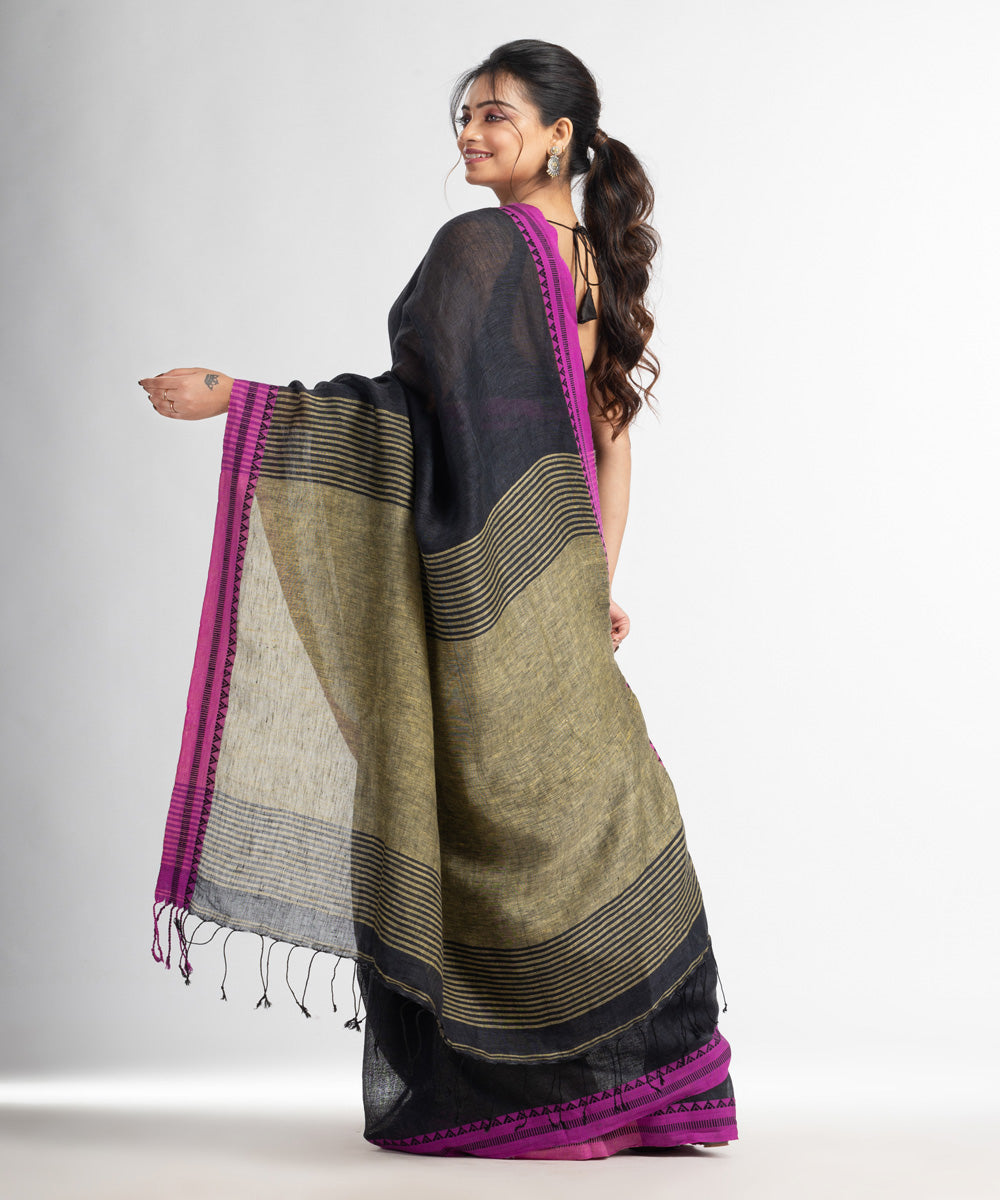 Black yellow handloom bengal linen saree