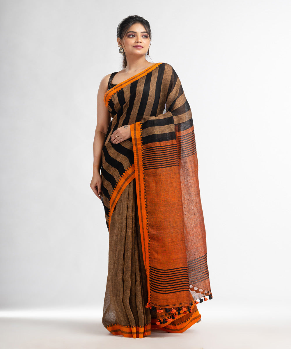 Brown rust handloom bengal linen saree