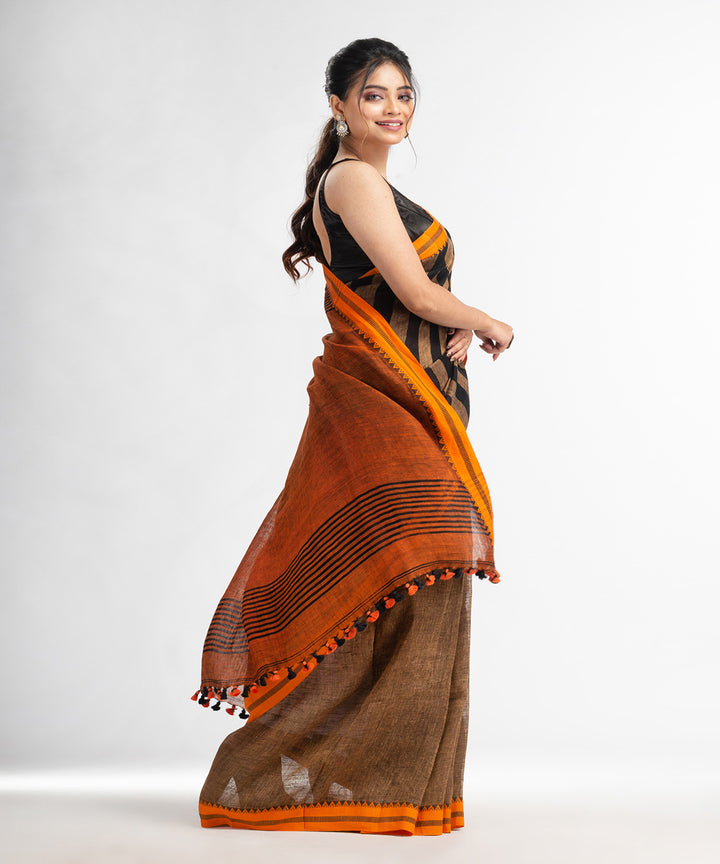 Brown rust handloom bengal linen saree