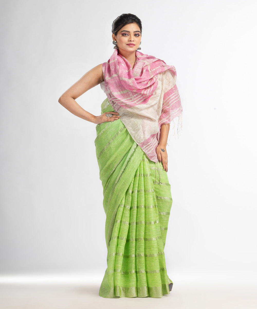 Green pink handloom bengal linen saree