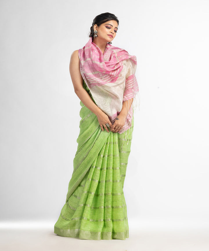 Green pink handloom bengal linen saree