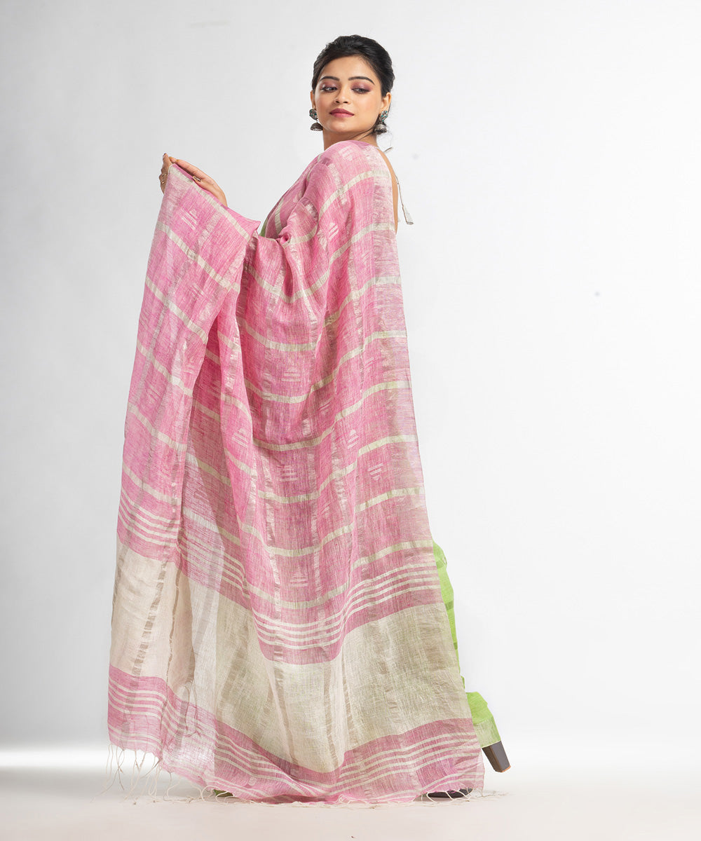 Green pink handloom bengal linen saree