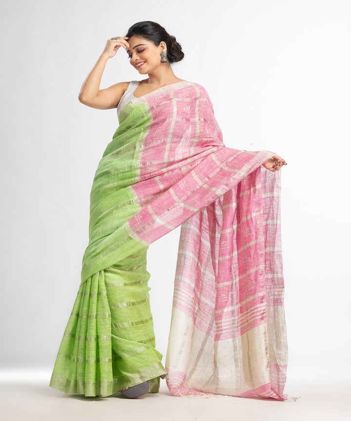 Green pink handloom bengal linen saree