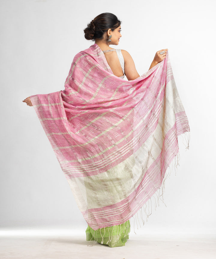 Green pink handloom bengal linen saree