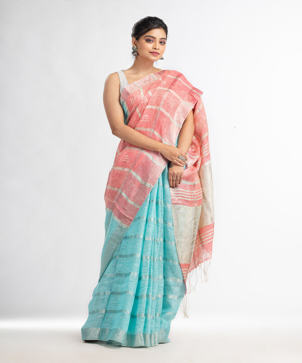 Sky blue pink hand loom bengal linen saree