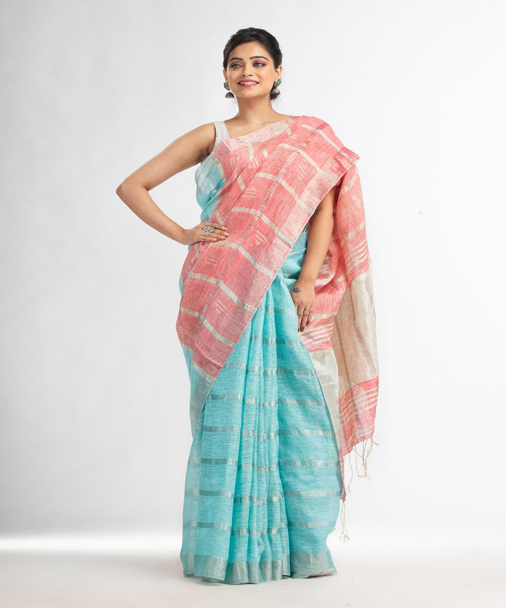 Sky blue pink hand loom bengal linen saree