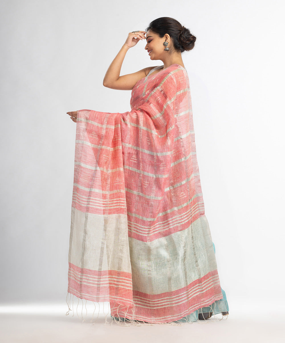 Sky blue pink hand loom bengal linen saree