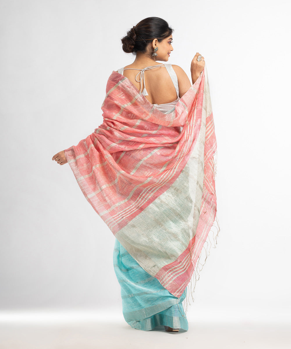 Sky blue pink hand loom bengal linen saree
