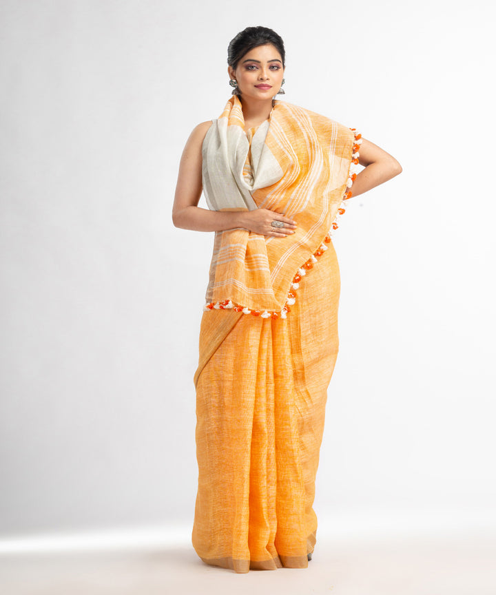 Orange grey handloom bengal linen saree