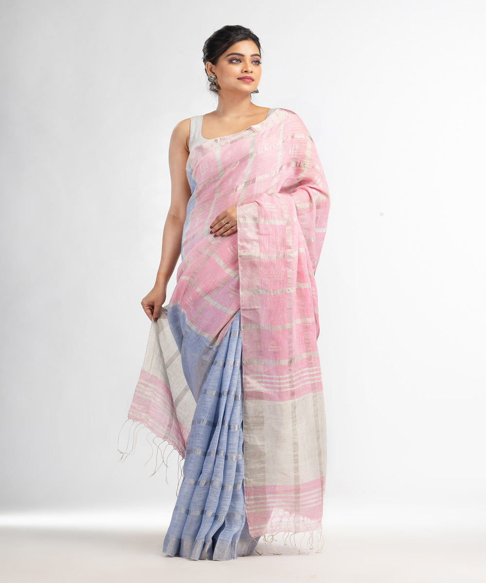 Sky blue pink handloom bengal linen saree