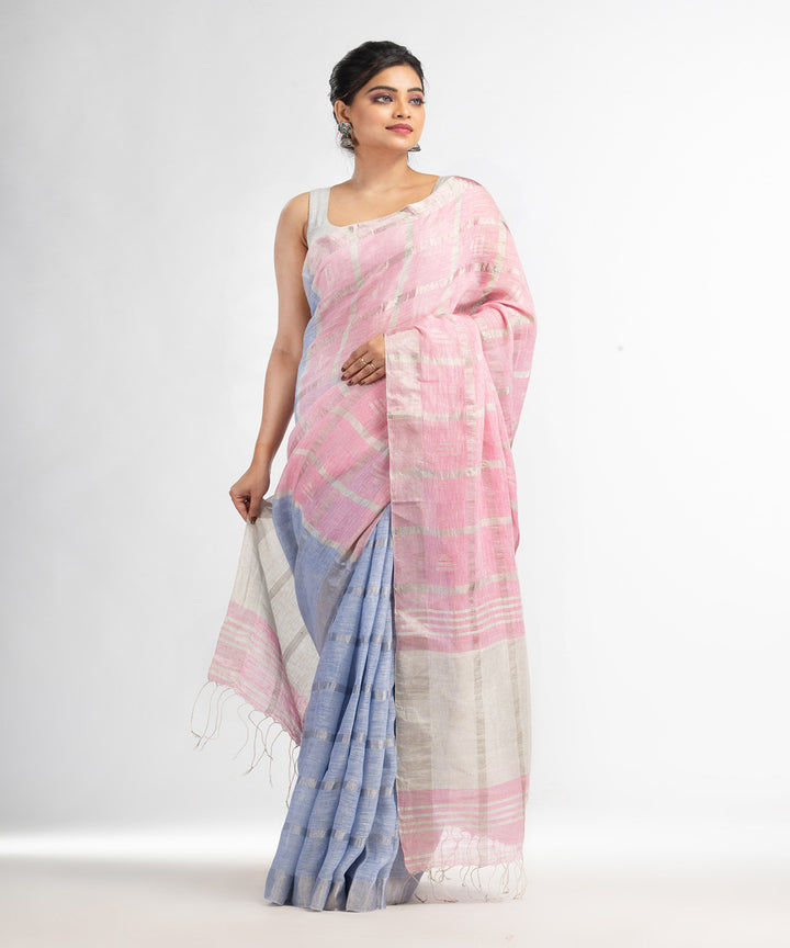 Sky blue pink handloom bengal linen saree