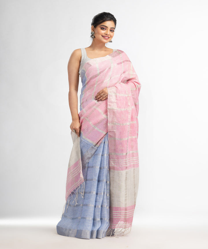 Sky blue pink handloom bengal linen saree