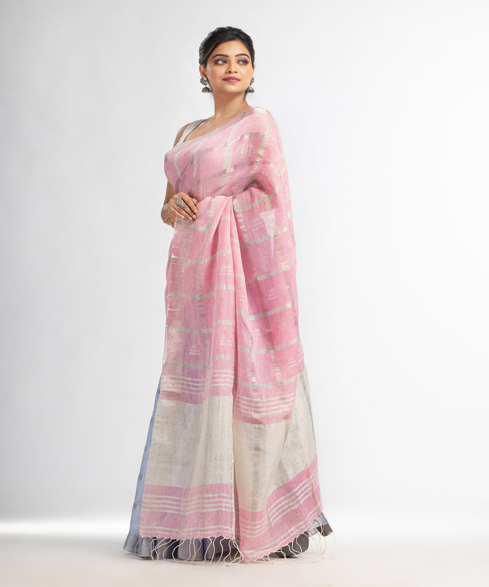 Sky blue pink handloom bengal linen saree