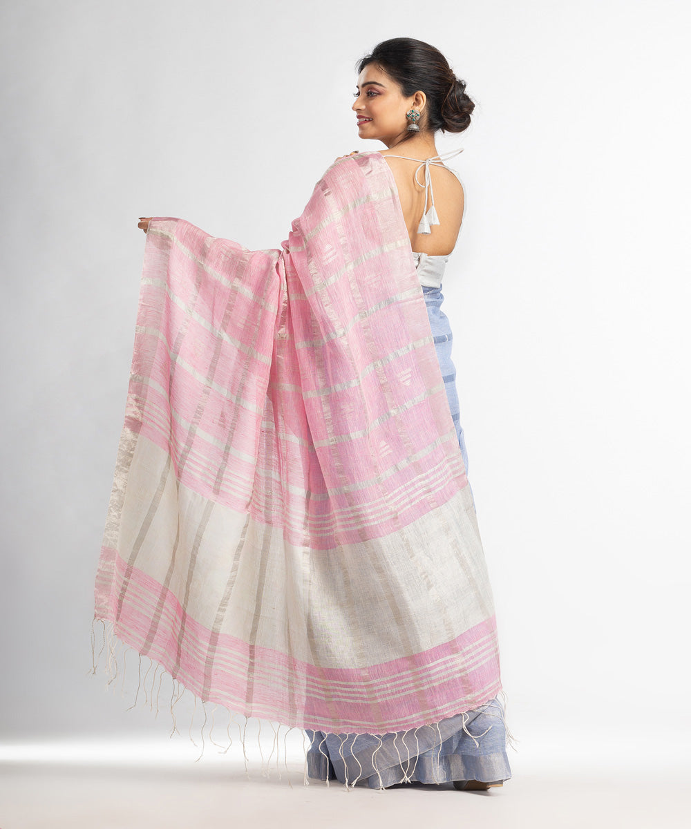 Sky blue pink handloom bengal linen saree