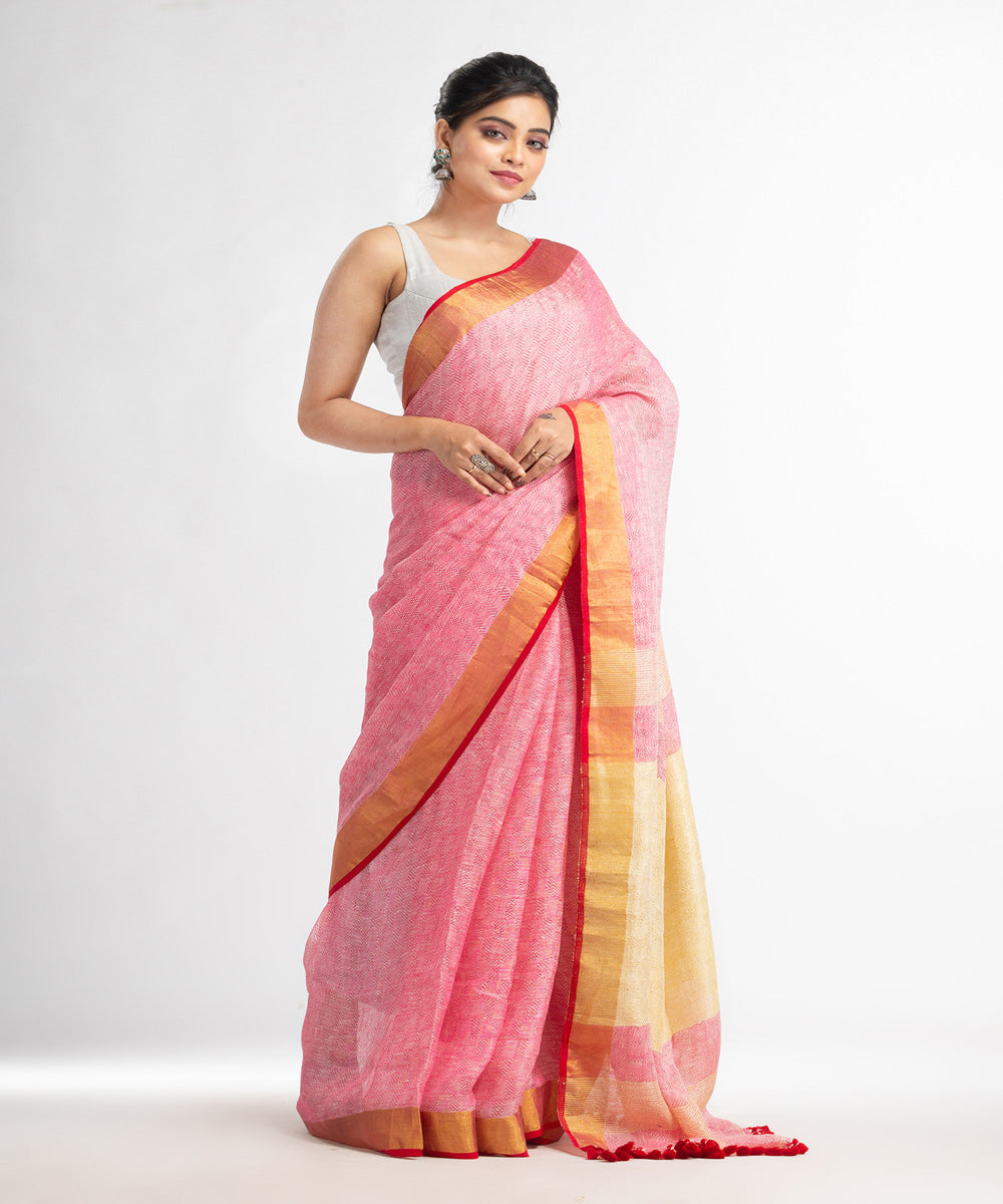 Red yellow hand loom bengal linen saree