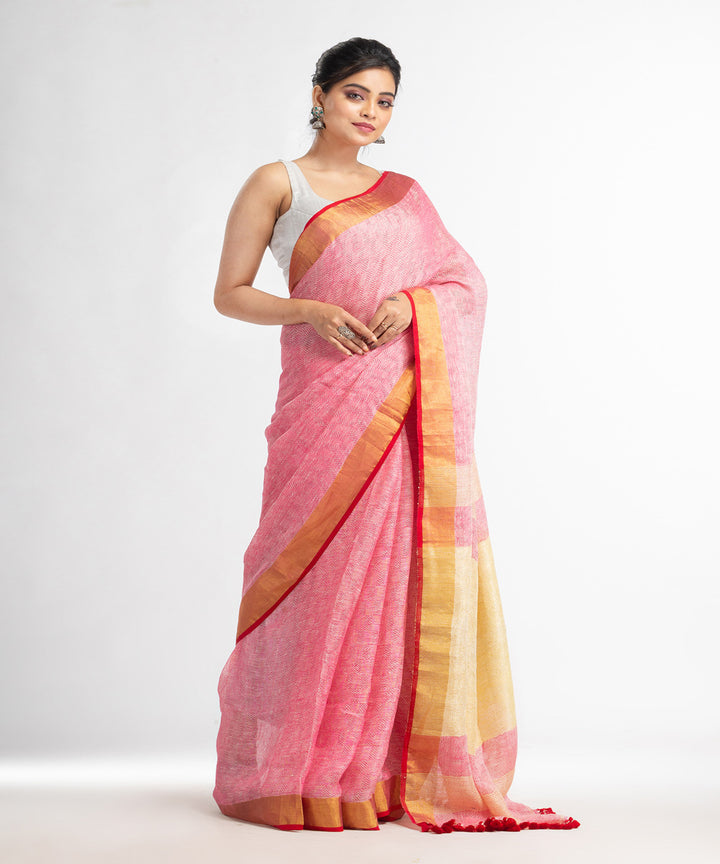 Red yellow hand loom bengal linen saree