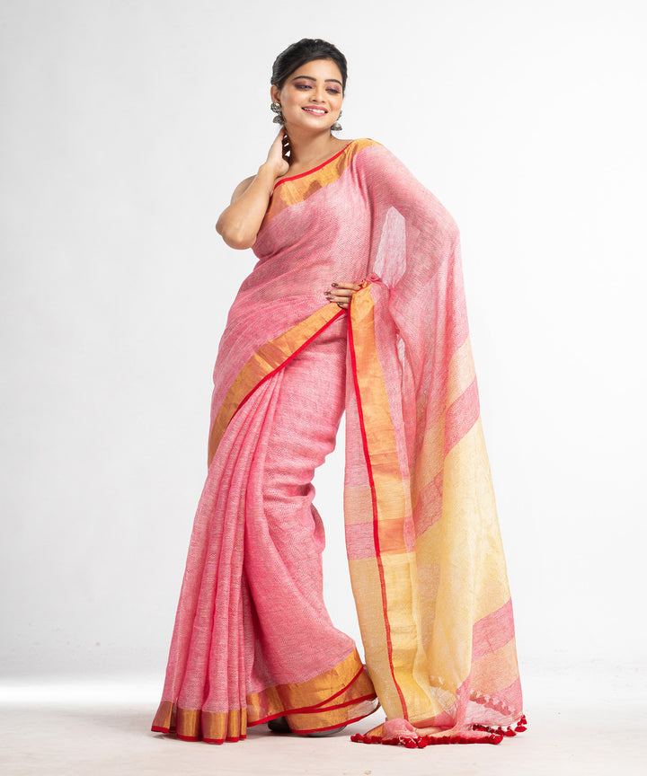 Red yellow hand loom bengal linen saree