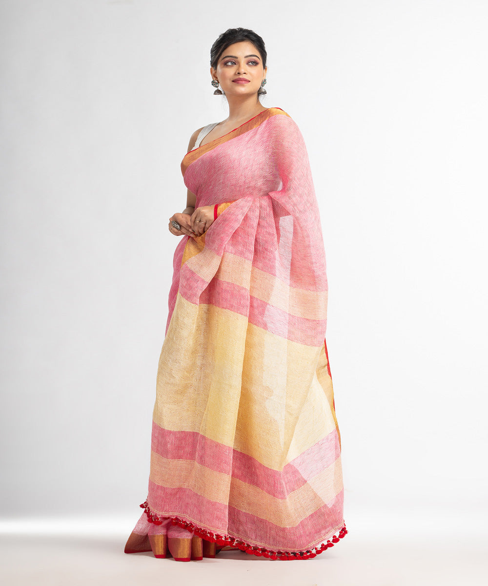 Red yellow hand loom bengal linen saree