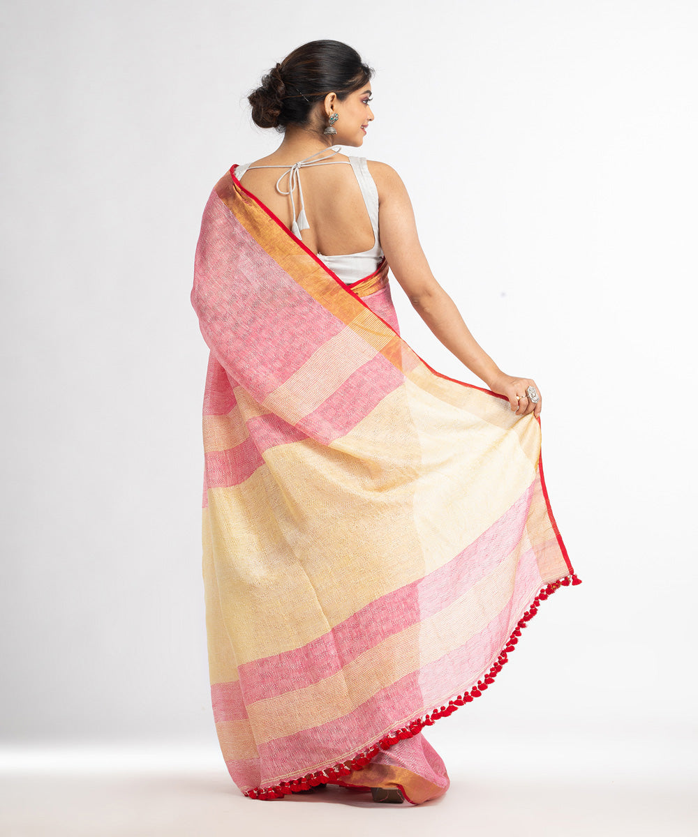 Red yellow hand loom bengal linen saree