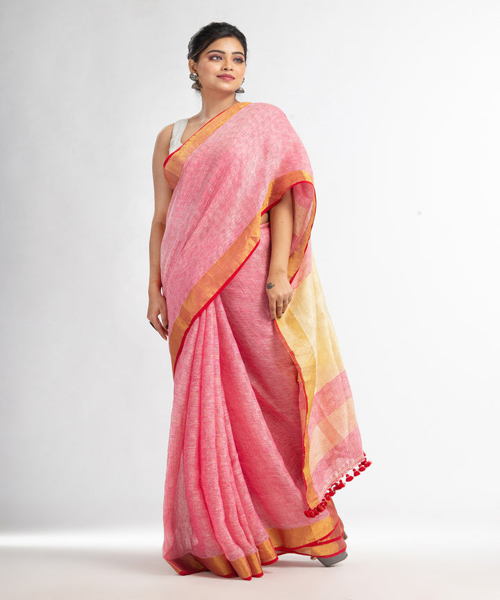 Red yellow hand loom bengal linen saree