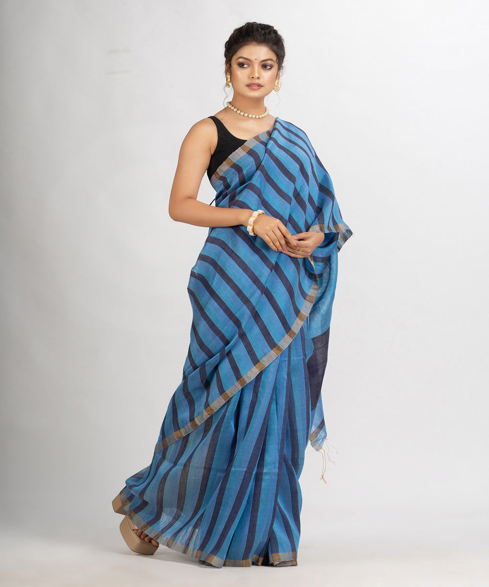 Blue black handloom bengal linen saree