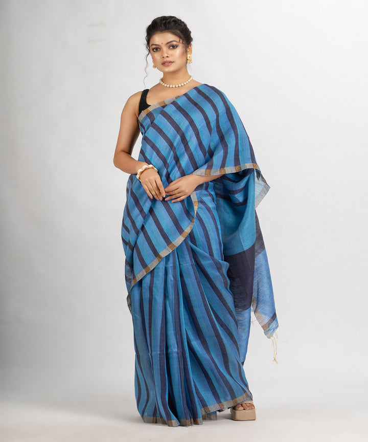 Blue black handloom bengal linen saree