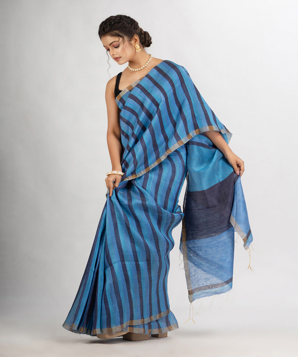 Blue black handloom bengal linen saree
