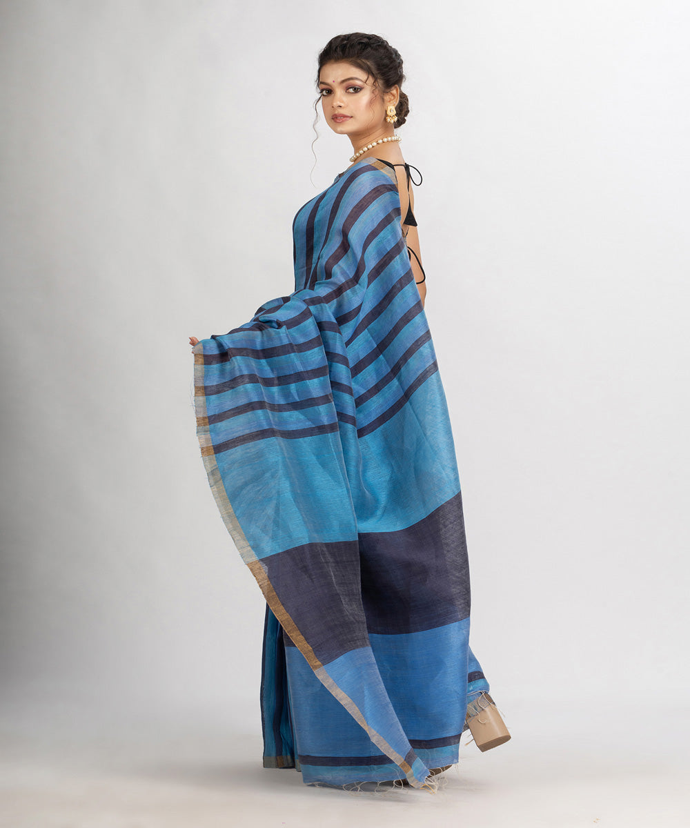 Blue black handloom bengal linen saree