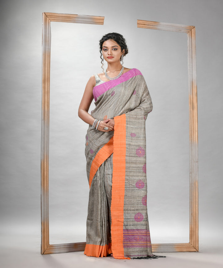 Grey pink ghicha hand jamdani with ganga jamuna border saree