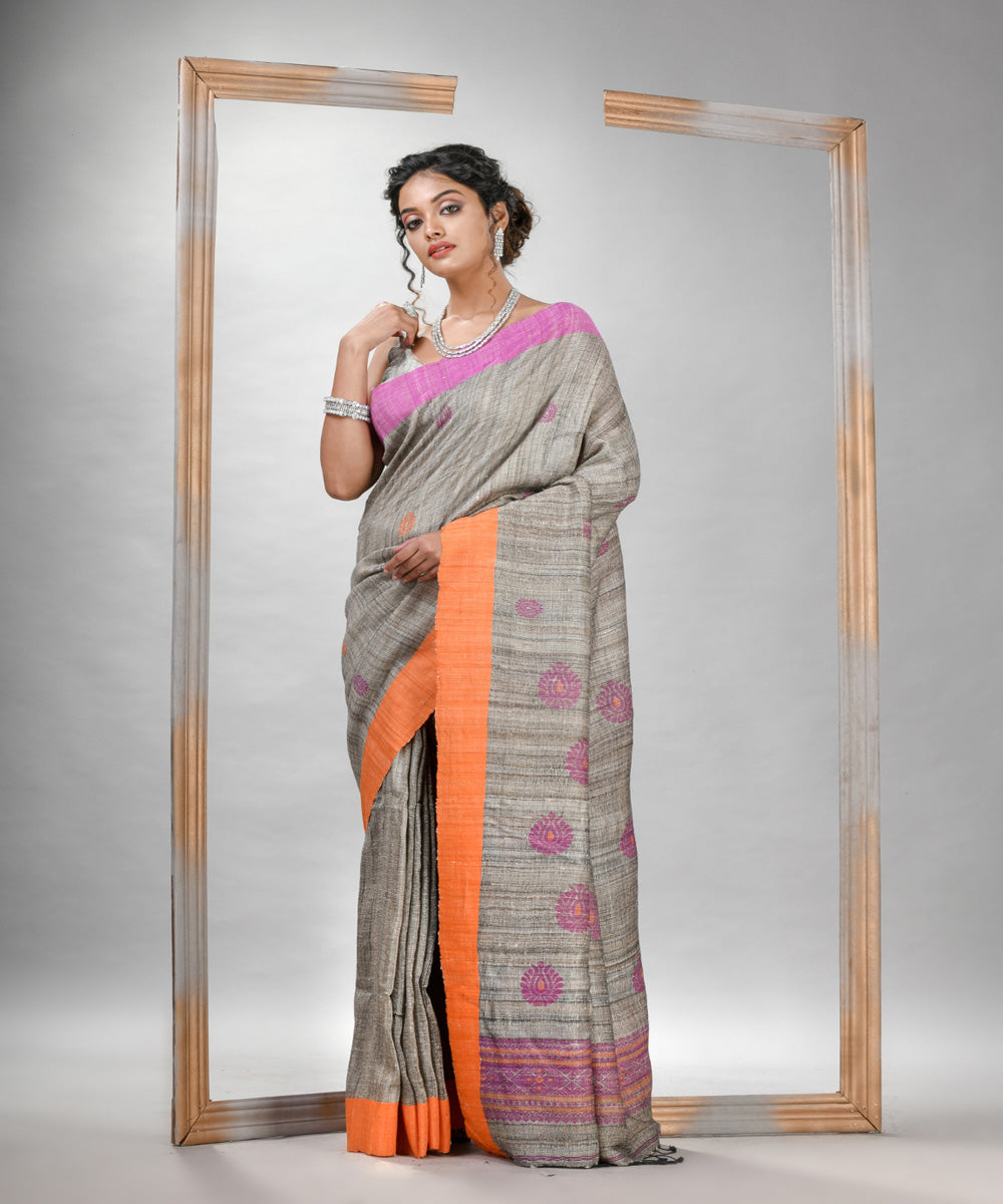 Grey pink ghicha hand jamdani with ganga jamuna border saree