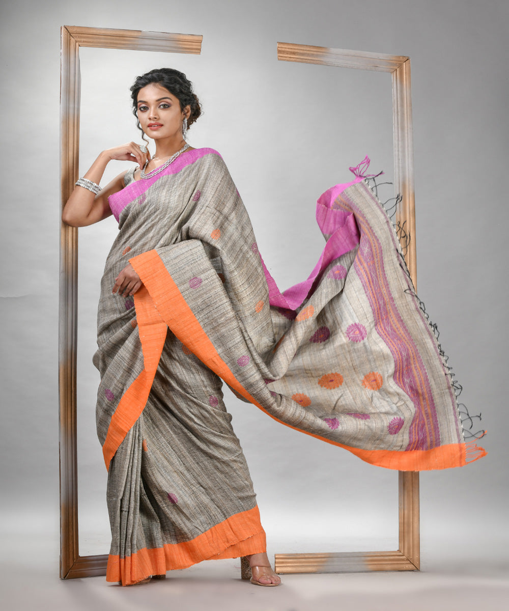 Grey pink ghicha hand jamdani with ganga jamuna border saree