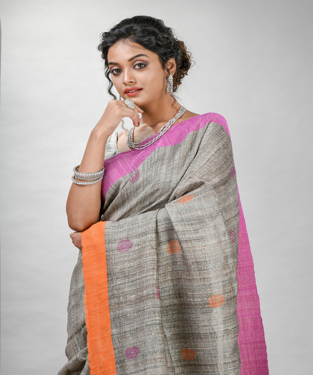 Grey pink ghicha hand jamdani with ganga jamuna border saree