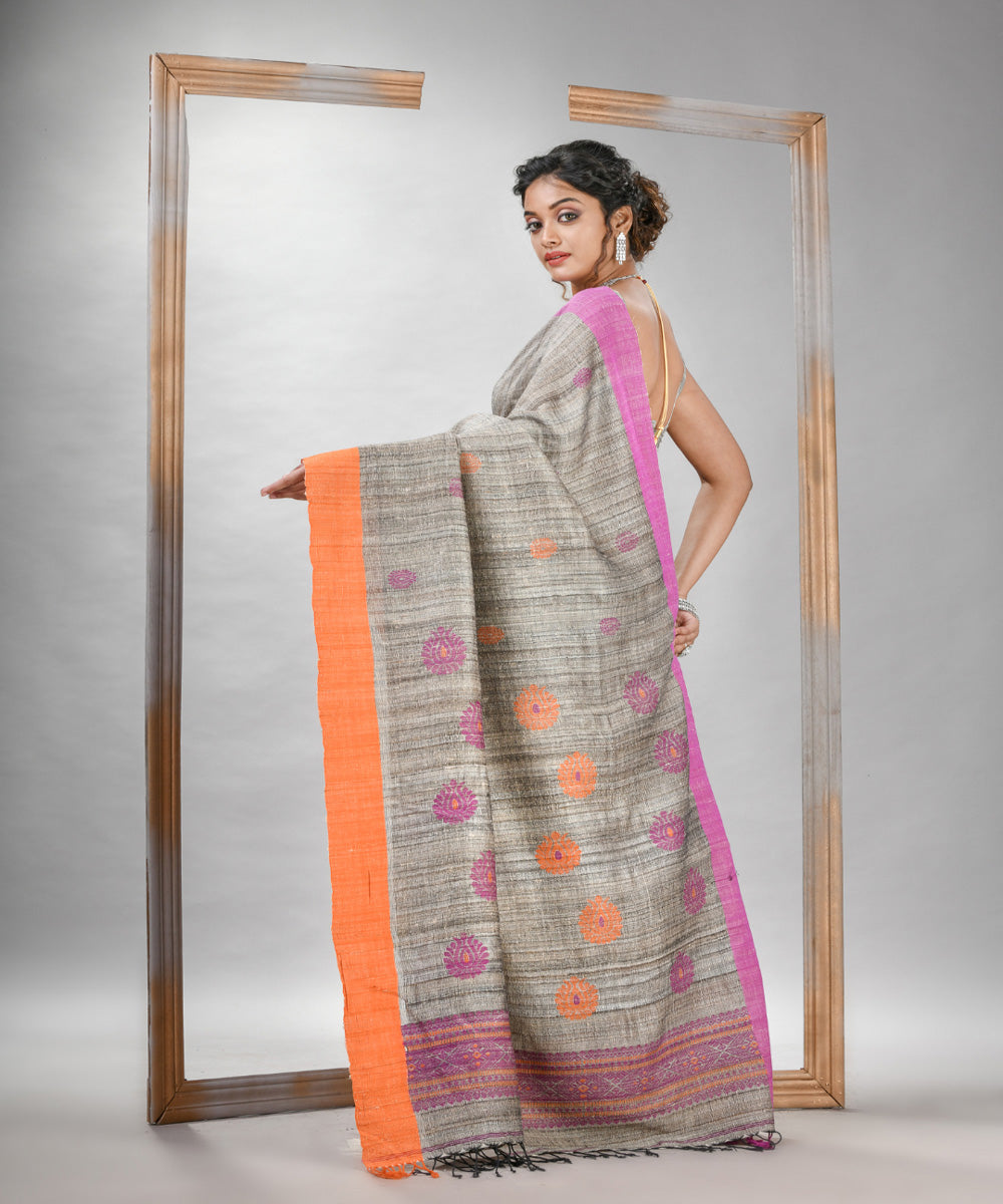 Grey pink ghicha hand jamdani with ganga jamuna border saree