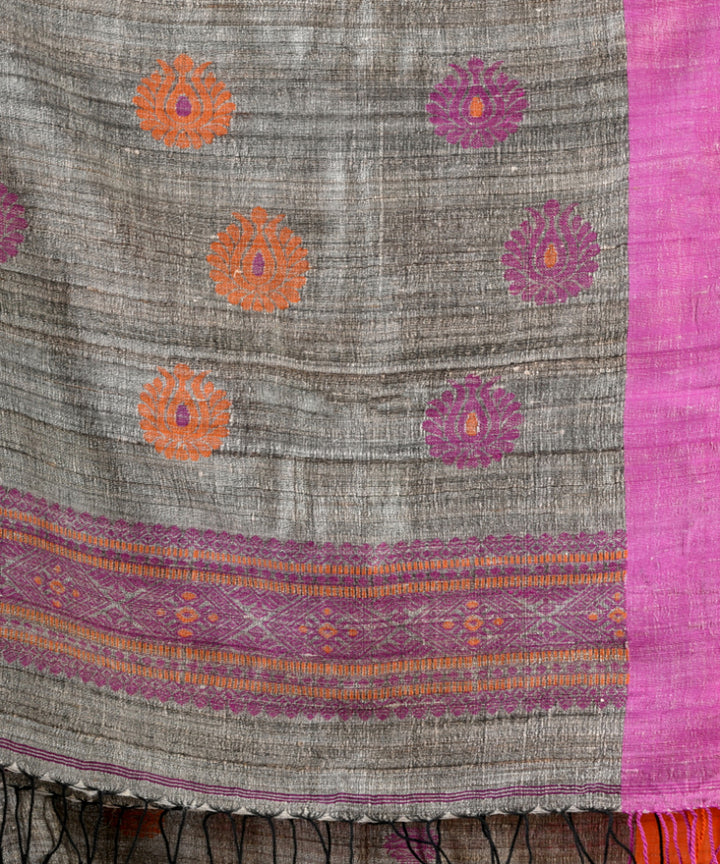 Grey pink ghicha hand jamdani with ganga jamuna border saree