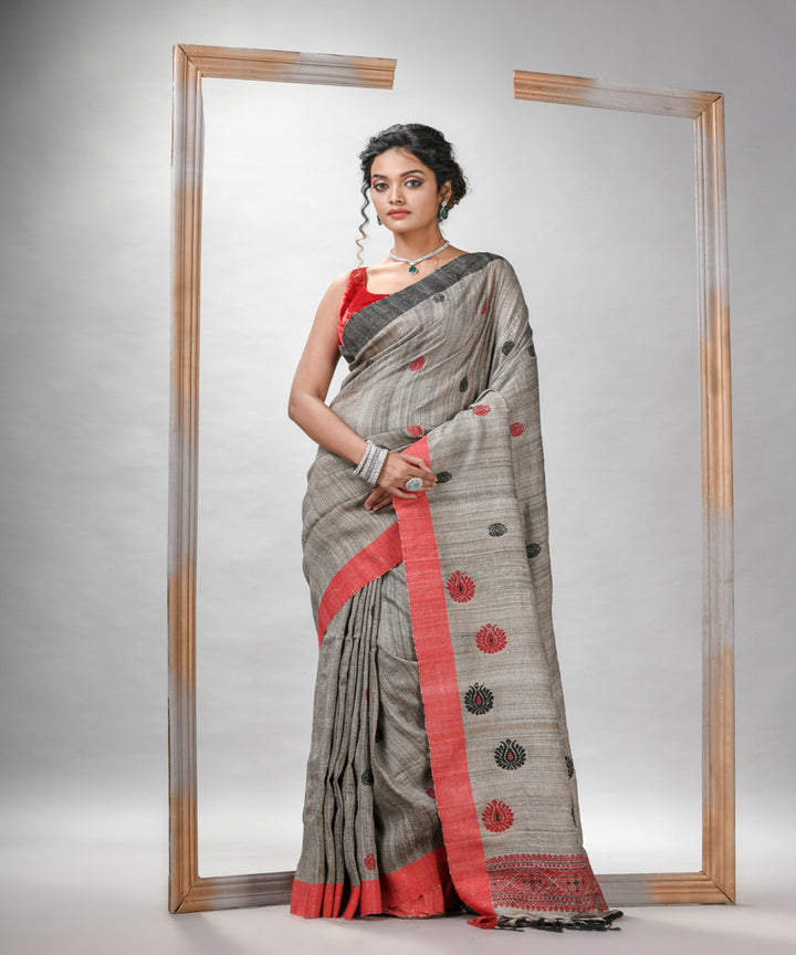 Grey red ghicha hand jamdani with ganga jamuna border saree