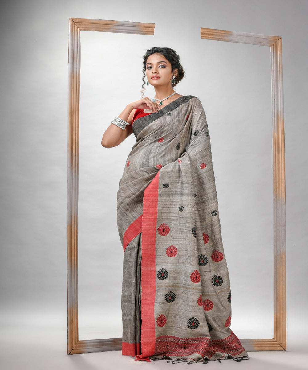 Grey red ghicha hand jamdani with ganga jamuna border saree