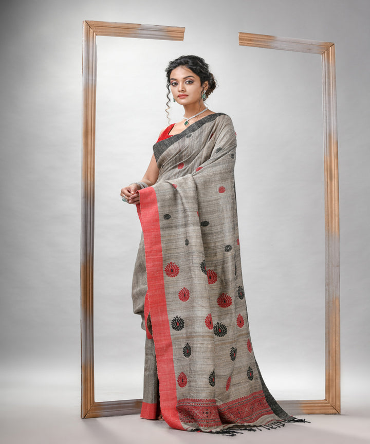 Grey red ghicha hand jamdani with ganga jamuna border saree