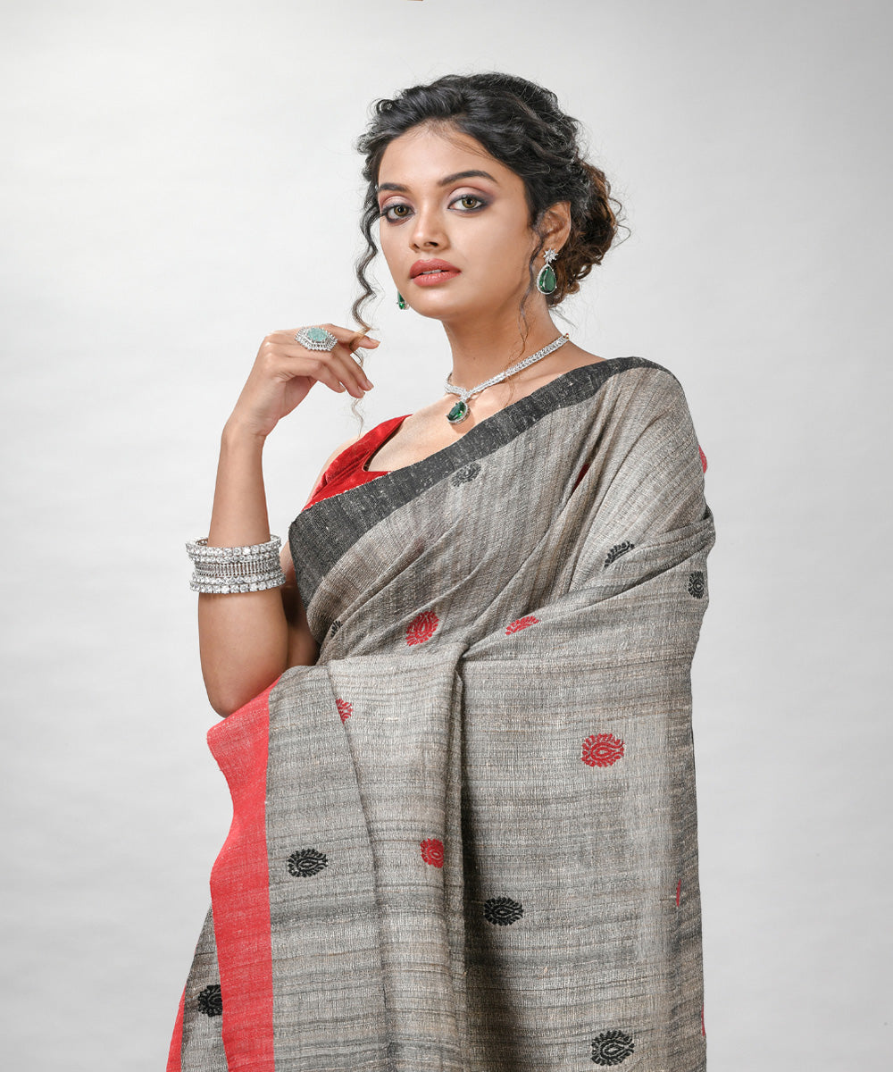 Grey red ghicha hand jamdani with ganga jamuna border saree