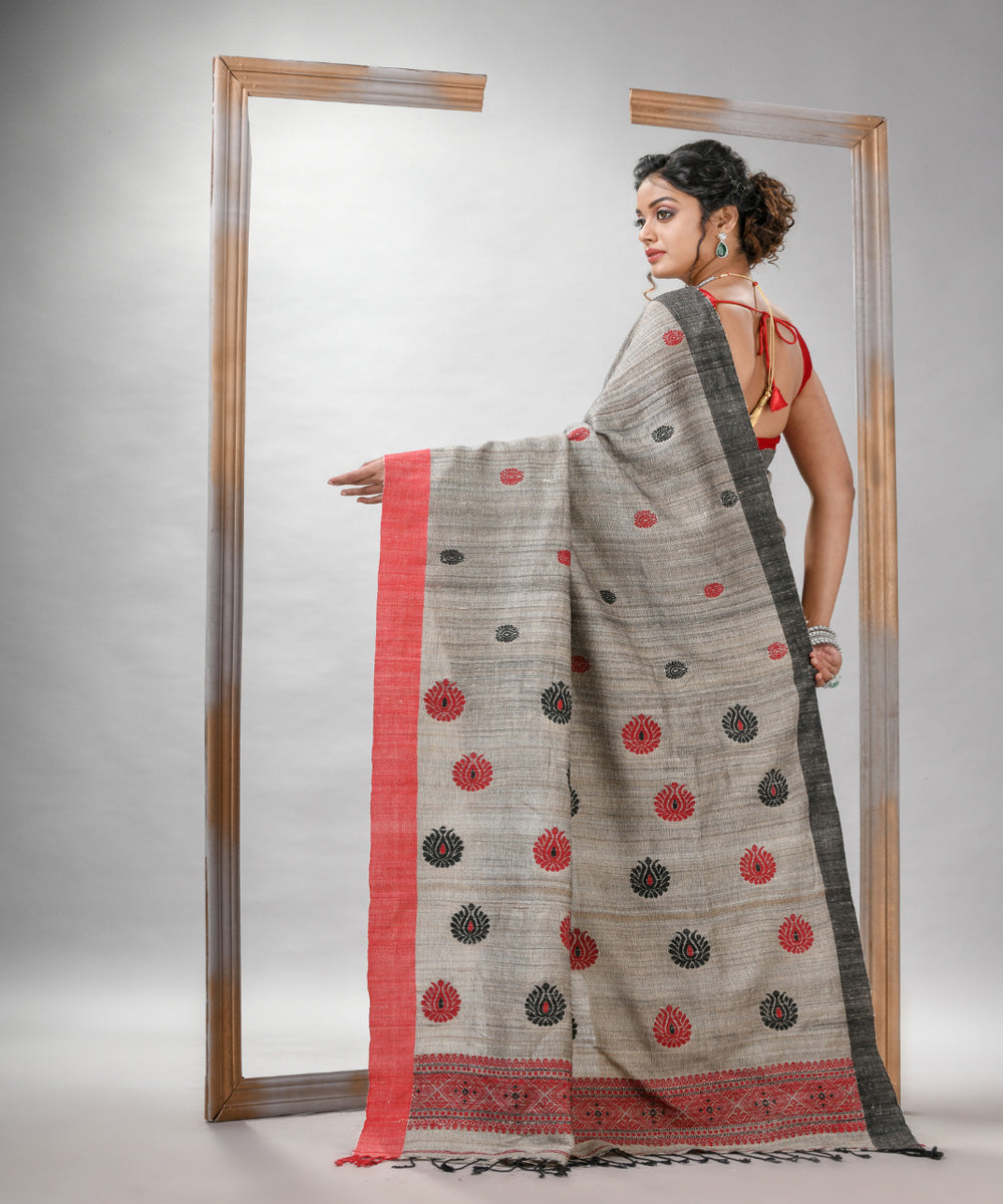 Grey red ghicha hand jamdani with ganga jamuna border saree