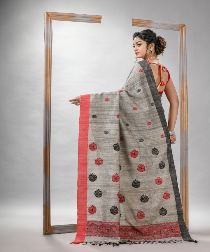 Grey red ghicha hand jamdani with ganga jamuna border saree