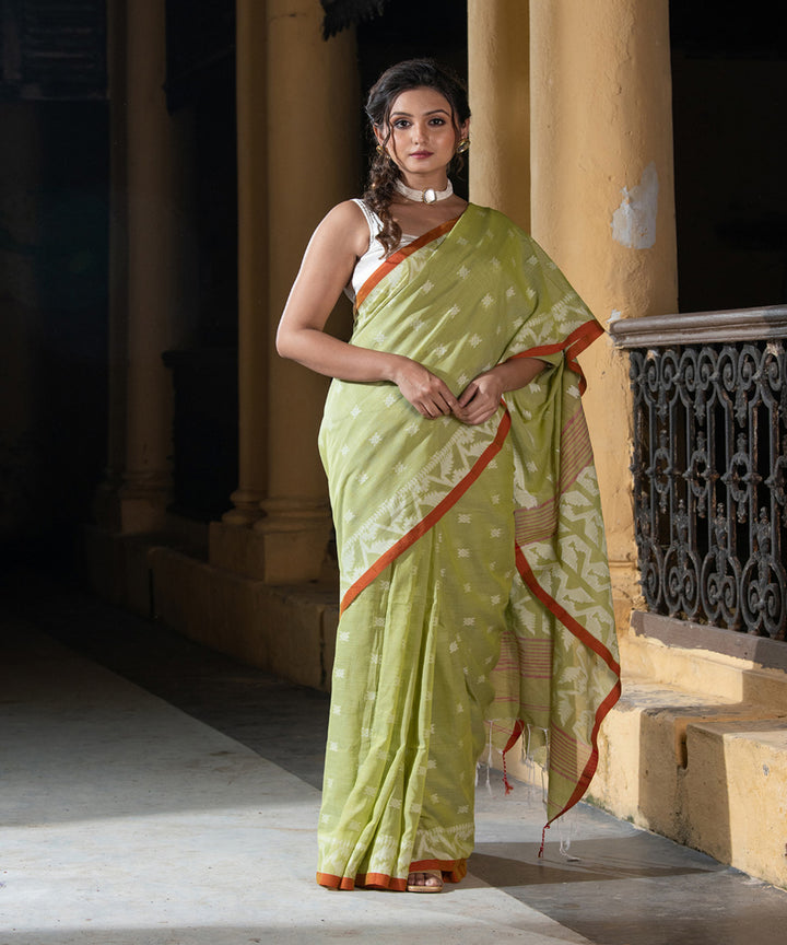 Lemon red cotton handloom jacquard jamdani saree