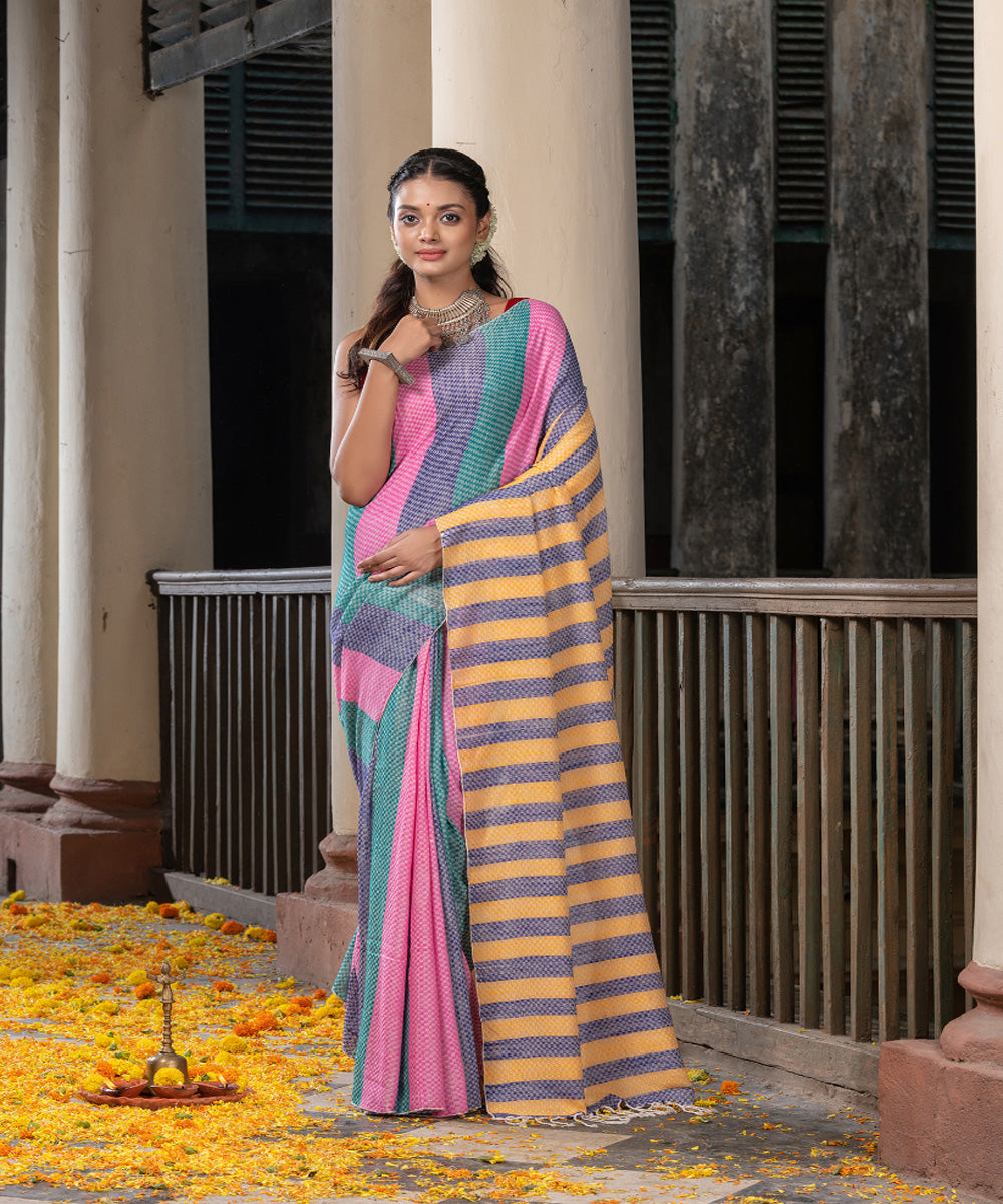Multicolour stripe handloom cotton saree