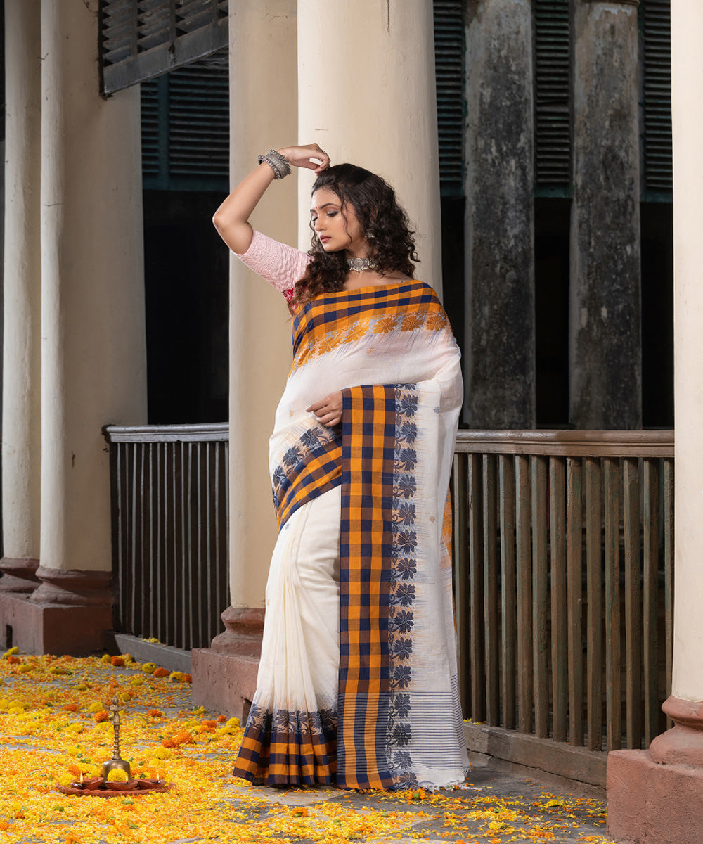 White multicolor handloom jamdani cotton saree